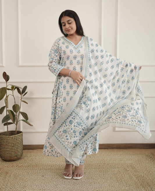 Blue Pure Cotton Kurta and Pants with Dupatta
