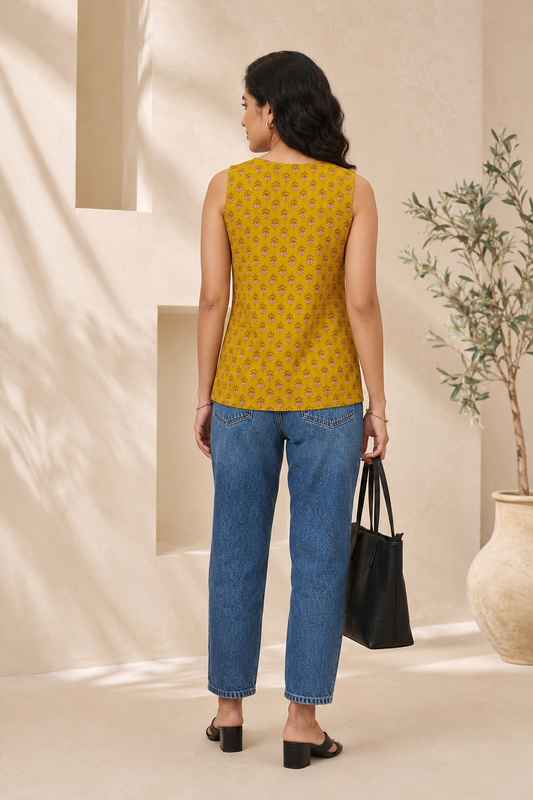 Mustard Printed Pure Cotton Top for her