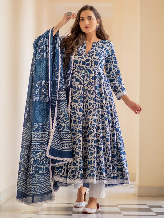 Blue Pure Cotton Kurta and Pants with Dupatta