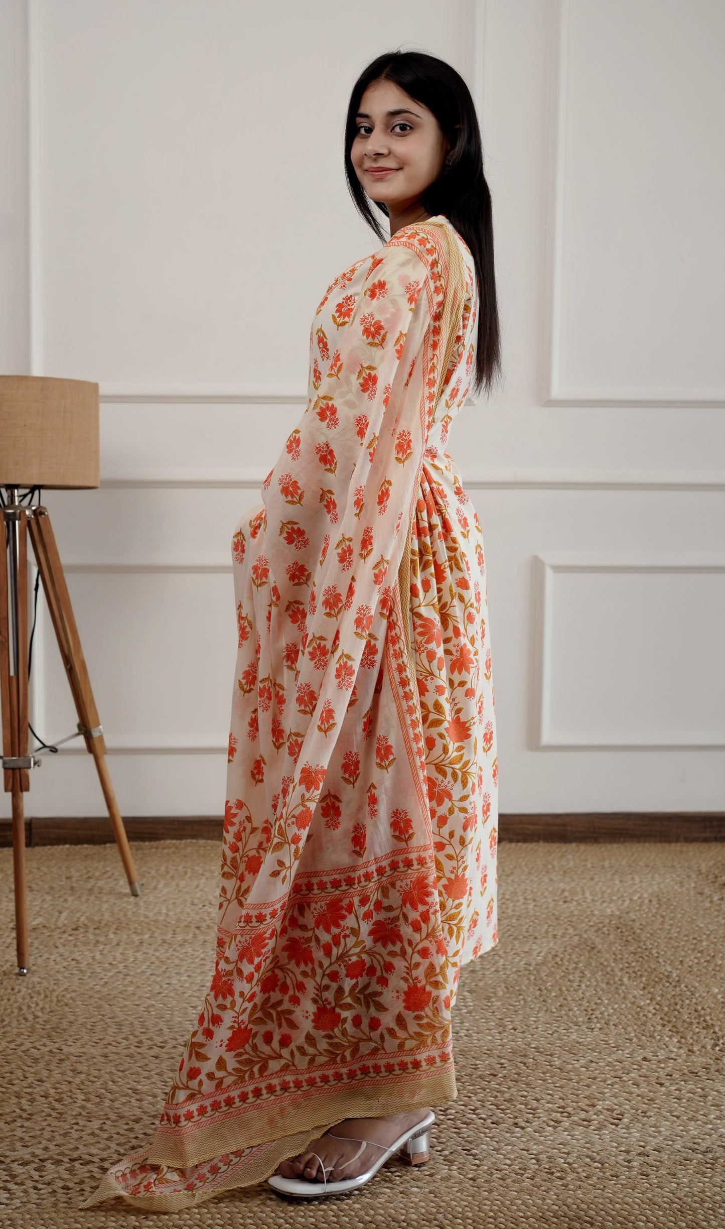 Orange Pure Cotton Kurta and Pants with Dupatta