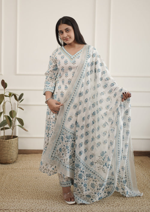Blue Pure Cotton Kurta and Pants with Dupatta