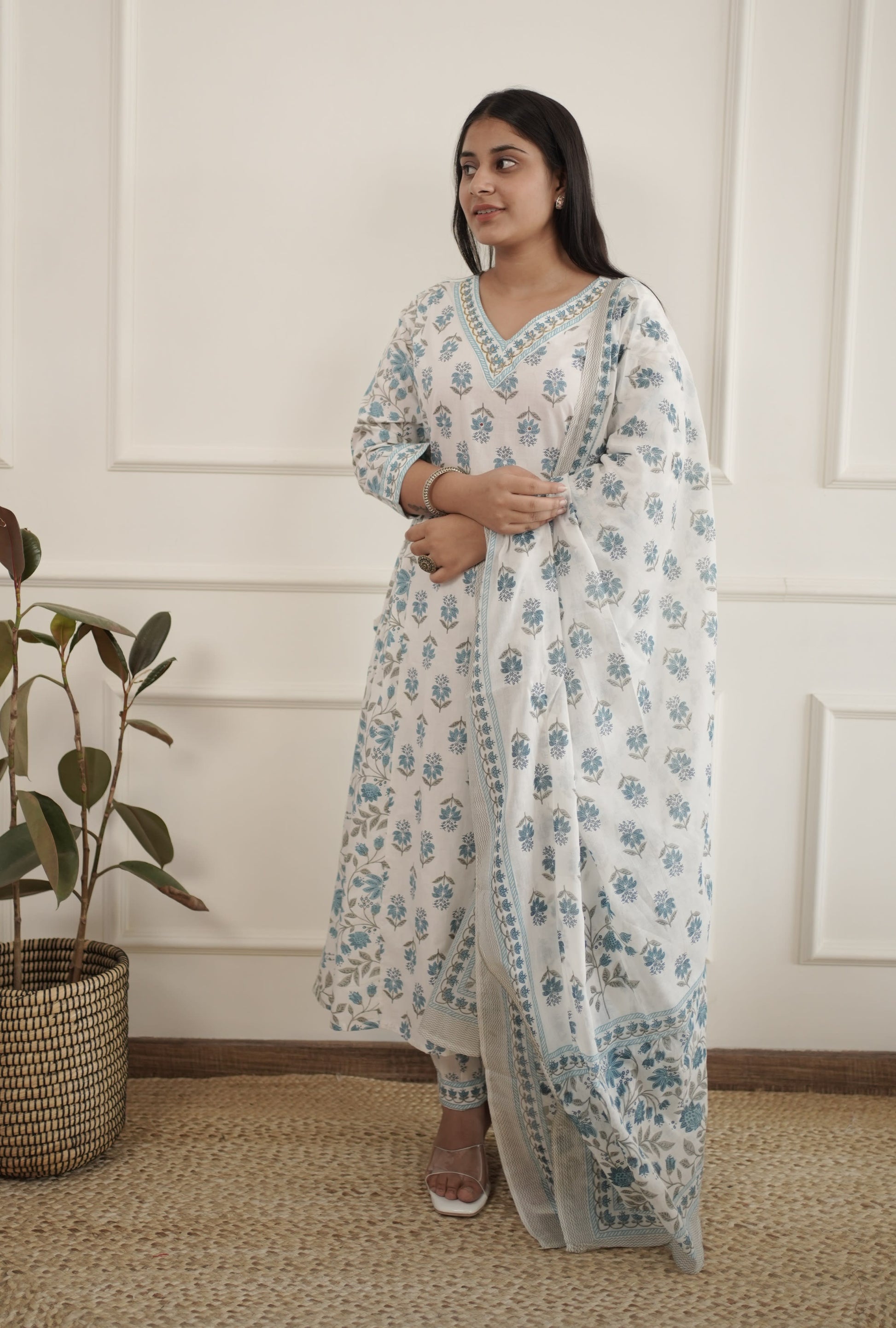 Blue Pure Cotton Kurta and Pants with Dupatta