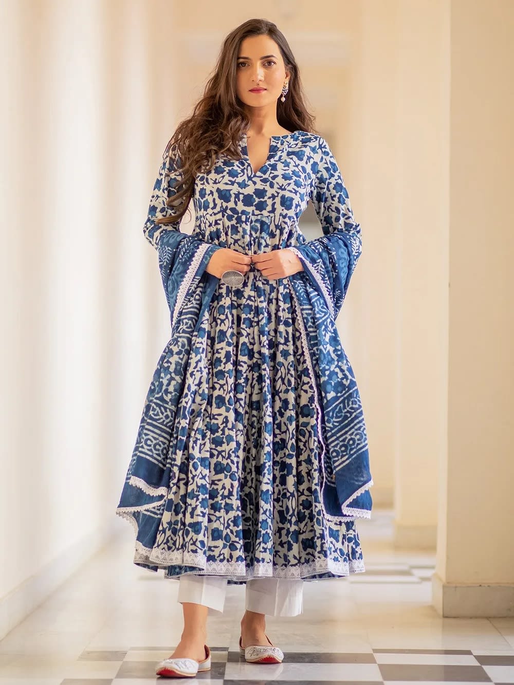 Blue Pure Cotton Kurta and Pants with Dupatta