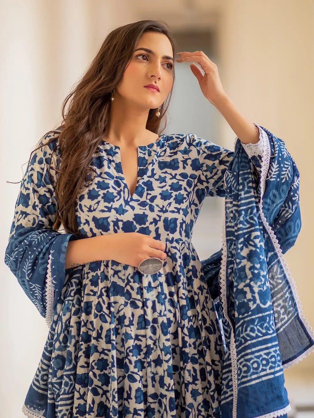 Blue Pure Cotton Kurta and Pants with Dupatta