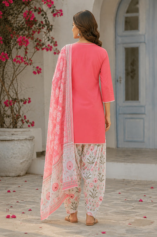Pure Cotton Peach Floral  Kurta and Pants with Dupatta