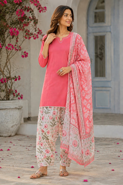 Pure Cotton Peach Floral  Kurta and Pants with Dupatta
