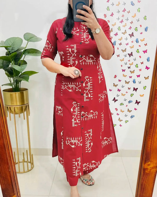 Pure Cotton Red Kurta and Pants with White Design