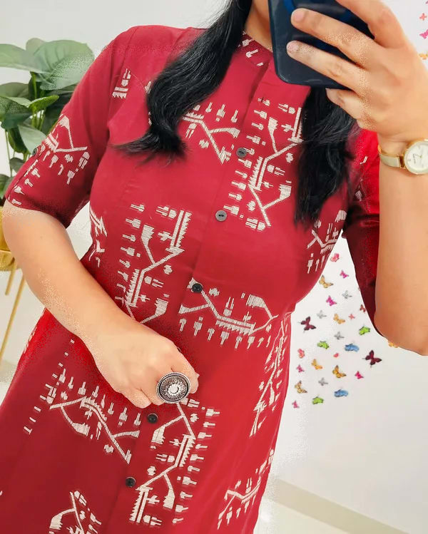 Pure Cotton Red Kurta and Pants with White Design