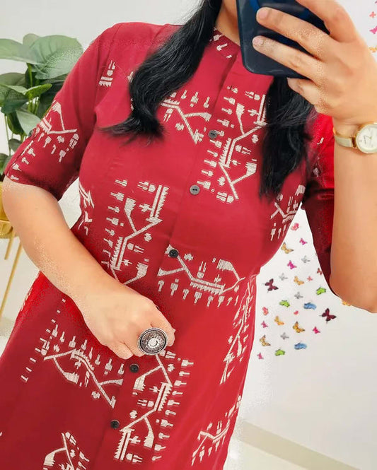 Pure Cotton Red Kurta and Pants with White Design