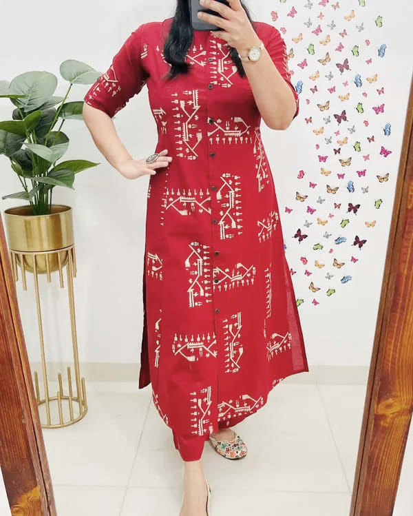 Pure Cotton Red Kurta and Pants with White Design