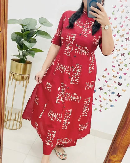Pure Cotton Red Kurta and Pants with White Design