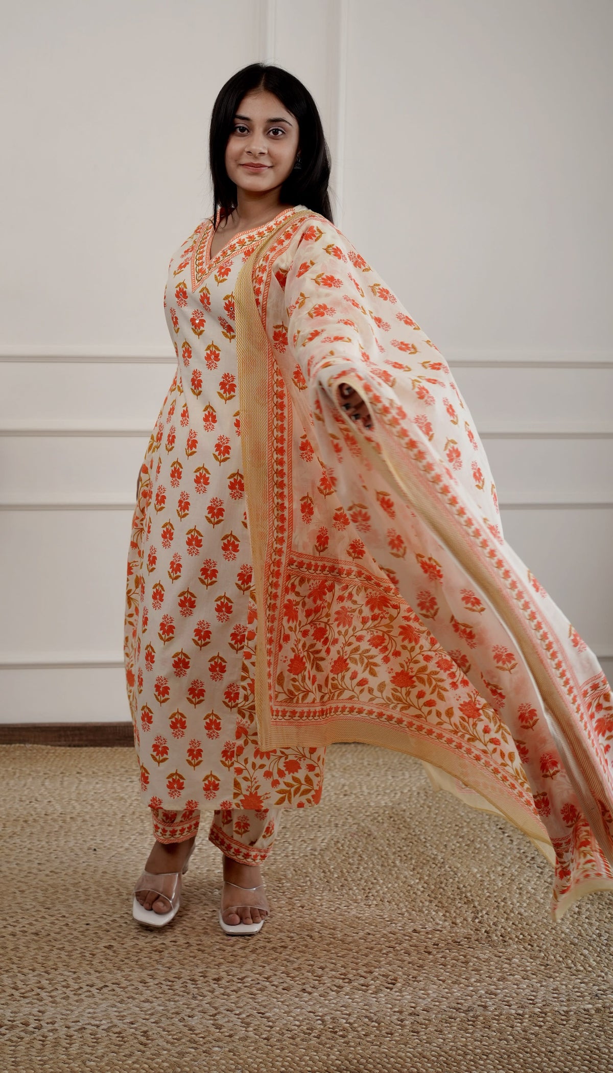 Orange Pure Cotton Kurta and Pants with Dupatta