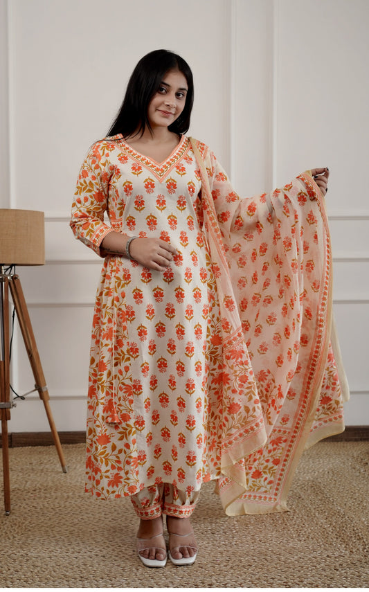 Orange Pure Cotton Kurta and Pants with Dupatta